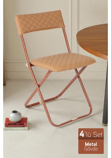 Anatolia Metal Gövdeli Deri Kapitone Sandalye Katlanır Mutfak Bahçe Sandalyesi 4 Adet Kahve
