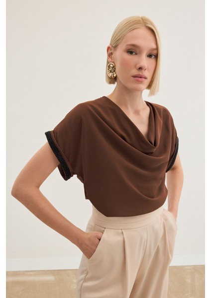 Kollar Taş Detaylı Salaş Bluz - Kahve fırsatları