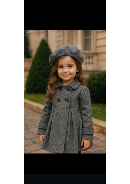Kız Çocuk Kaşe Kaban Şapka Ile Bilrikte Kışlık Düğmeli