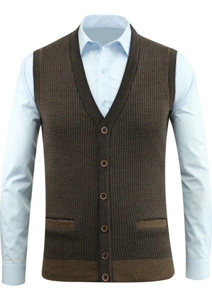 Erkek Büyük Beden Düğmeli Yelek Cepli Desenli Çelik Örgü Klasik Kalıp 5208LB