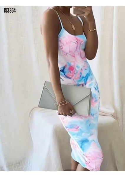 Kadın Omuz Askılı Dijital Baskılı Midi Boy Elbise, Kırmızı Gül Figürlü Kolye Hediye