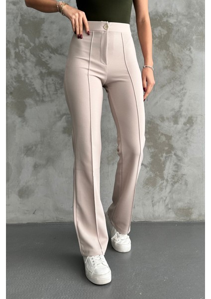 Kadın Krem Yüksek Bel Toparlayıcı Ispanyol Paça Palazzo Pantolon