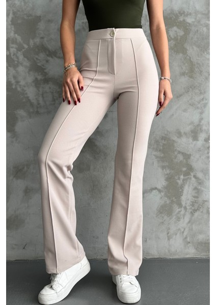 Kadın Krem Yüksek Bel Toparlayıcı Ispanyol Paça Palazzo Pantolon fiyatları