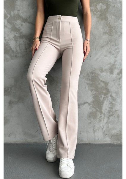 Kadın Krem Yüksek Bel Toparlayıcı Ispanyol Paça Palazzo Pantolon