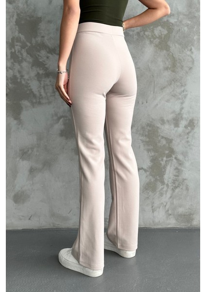 Kadın Krem Yüksek Bel Toparlayıcı Ispanyol Paça Palazzo Pantolon