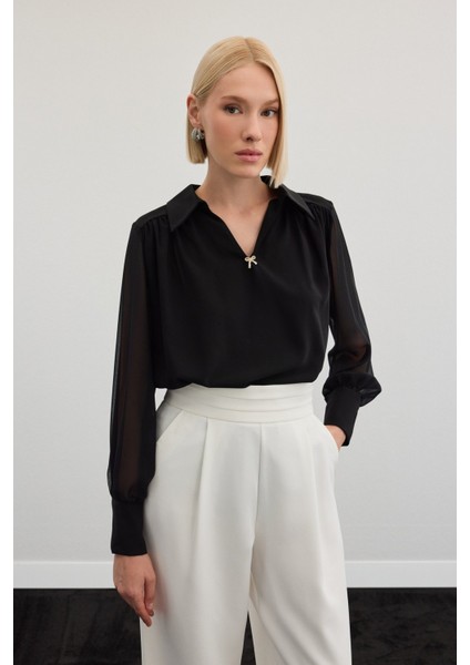 Aksesuarlı Salaş Bluz - Siyah