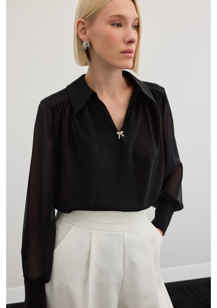 Aksesuarlı Salaş Bluz - Siyah fırsatları