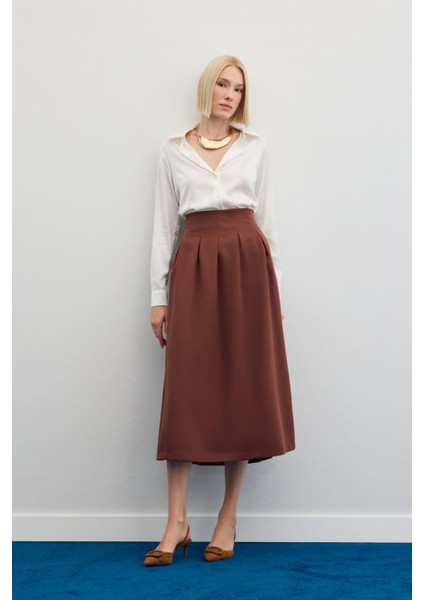 Pileli Midi Etek - Kahve