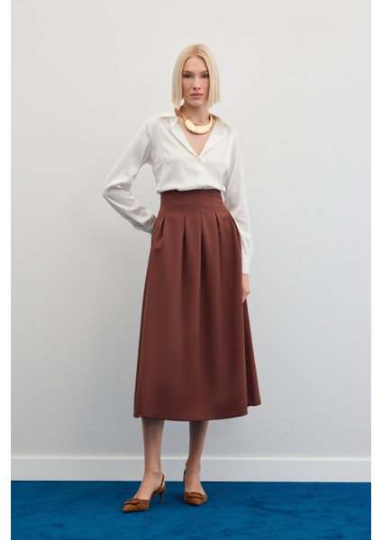 Pileli Midi Etek - Kahve modelleri