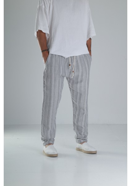 Gri Çizgili Müslin Keten Baggy Pantolon