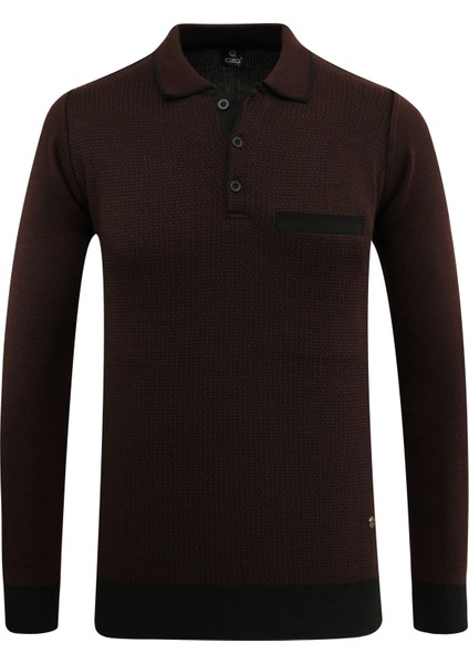 Erkek Büyük Beden Polo Yaka Kazak Cepli Desenli Çelik Örgü Klasik Kalıp - 5208FB