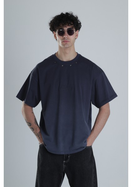 Lacivert Yıldız Detaylı Tasarım Oversize T-Shirt