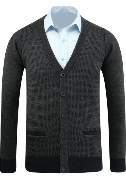 Erkek Büyük Beden Düğmeli Hırka Cepli Desenli Çelik Örgü Klasik Kalıp - 5208MB