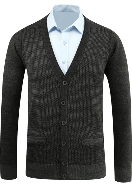 Erkek Büyük Beden Düğmeli Hırka Cepli Desenli Çelik Örgü Klasik Kalıp - 5208MB