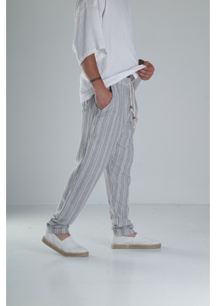 Gri Çizgili Müslin Keten Baggy Pantolon fiyatları