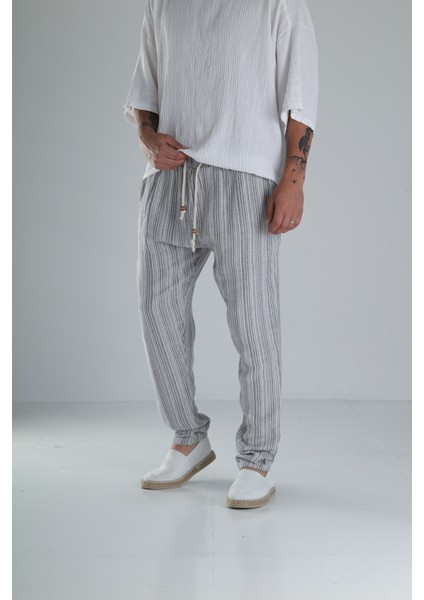 Gri Çizgili Müslin Keten Baggy Pantolon modelleri