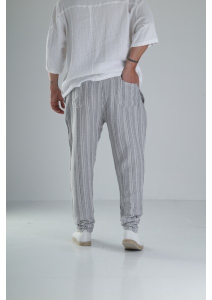 Gri Çizgili Müslin Keten Baggy Pantolon fırsatları