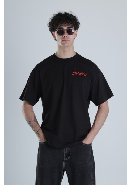Paradise Siyah Oversize Tasarım T-Shirt