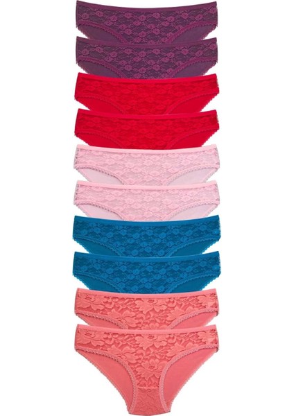 10 Adet Önü Dantelli Transparan Kadın Slip Külot S230