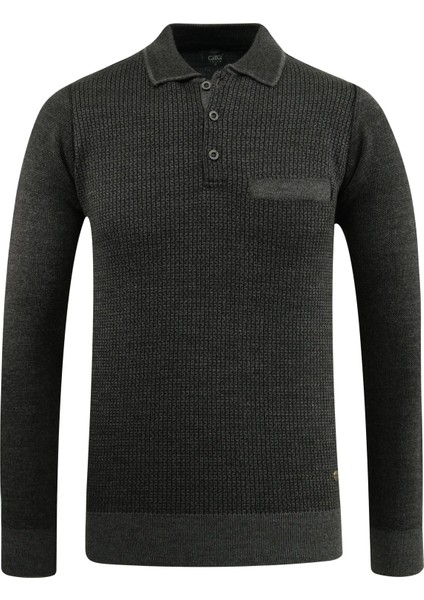 Erkek Büyük Beden Polo Yaka Kazak Cepli Desenli Çelik Örgü Klasik Kalıp - 5208FB