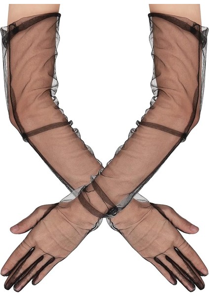 Uzun Boy Likralı Siyah Renk Yetişkin Mega Tül Eldiven 53 cm (5250)