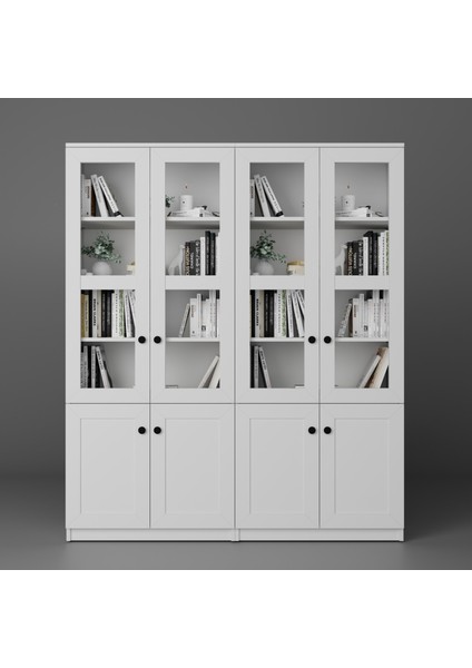 Lisa 8 Kapaklı Beyaz Vitrin Seti - Kitaplık ve Çok Amaçlı Dolap