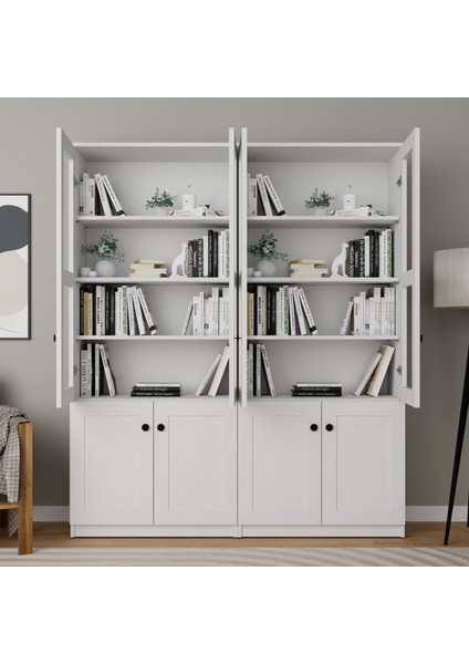 Lisa 8 Kapaklı Beyaz Vitrin Seti - Kitaplık ve Çok Amaçlı Dolap