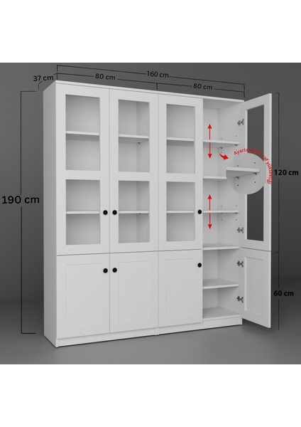 Lisa 8 Kapaklı Beyaz Vitrin Seti - Kitaplık ve Çok Amaçlı Dolap