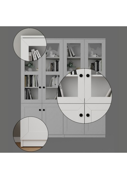 Lisa 8 Kapaklı Beyaz Vitrin Seti - Kitaplık ve Çok Amaçlı Dolap
