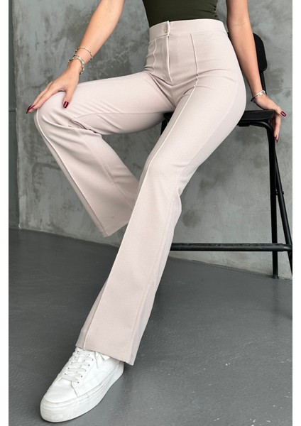 Kadın Krem Yüksek Bel Toparlayıcı Ispanyol Paça Palazzo Pantolon indirimleri