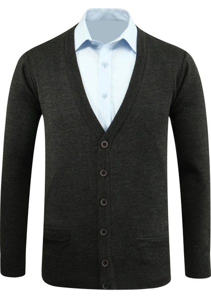 Erkek Büyük Beden Düğmeli Hırka Cepli Düz Renk Çelik Örgü Klasik Kalıp - 5200MB