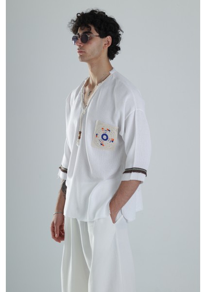 Kolyeli Tasarım Beyaz Fakir Kol T-Shirt modelleri