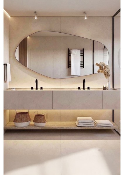 Fawdecor Asimetrik Ahşap Çerçeveli Ayna Ev Dekoru Estetik Duvar Aynası Banyo Tasarımı Özel Tasarım Ayna