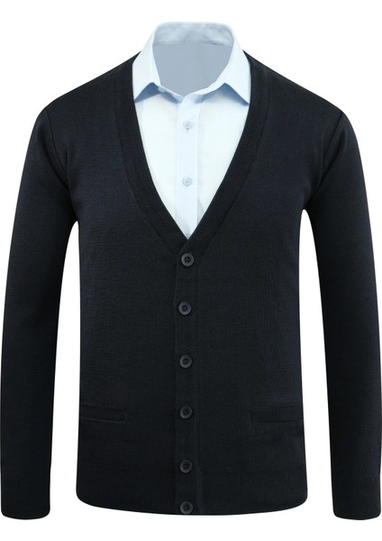 Erkek Büyük Beden Düğmeli Hırka Cepli Düz Renk Çelik Örgü Klasik Kalıp - 5200MB