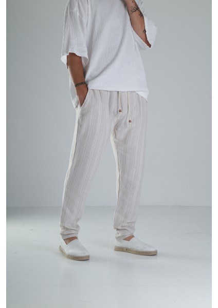Kahve Çizgili Müslin Keten Baggy Pantolon