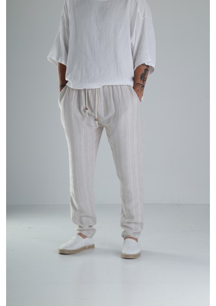Kahve Çizgili Müslin Keten Baggy Pantolon fiyatları