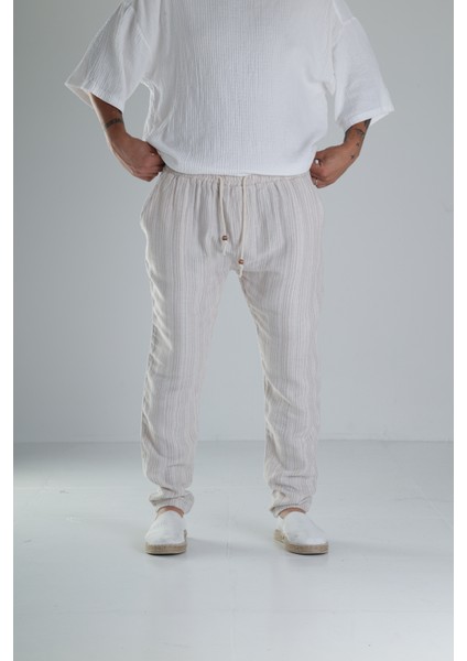 Kahve Çizgili Müslin Keten Baggy Pantolon modelleri