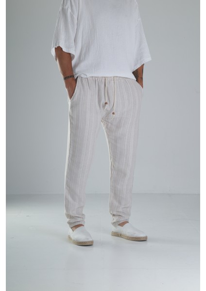 Kahve Çizgili Müslin Keten Baggy Pantolon fırsatları