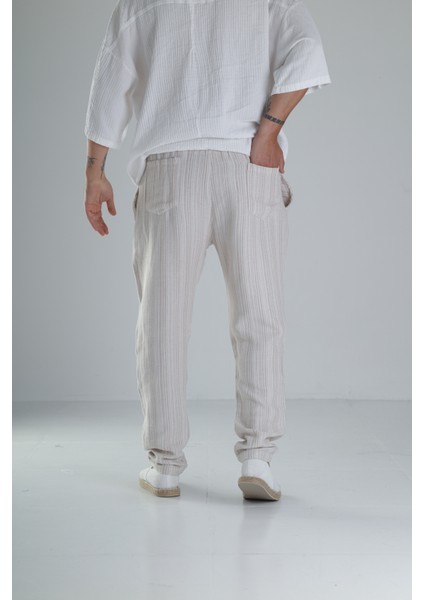 Kahve Çizgili Müslin Keten Baggy Pantolon indirimleri