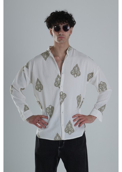 Yeşil Nakış Detaylı Oversize Gömlek