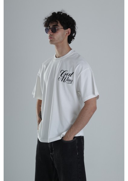 God Wins Beyaz Oversize Tasarım T-Shirt modelleri