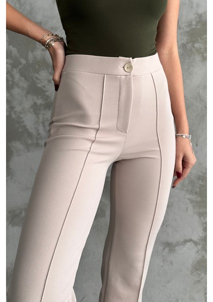 Kadın Krem Yüksek Bel Toparlayıcı Ispanyol Paça Palazzo Pantolon