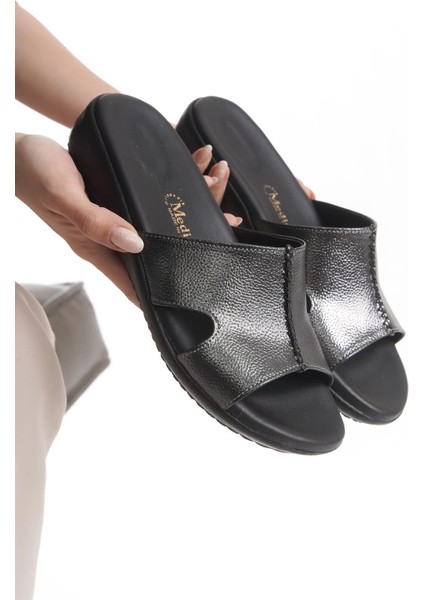 Ortopedik Deri Taban Topuk Dikeni Destekli Günlük Platin Terlik