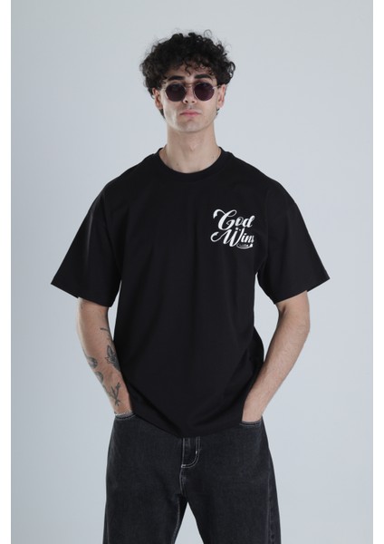 God Wins Siyah Oversize Tasarım T-Shirt