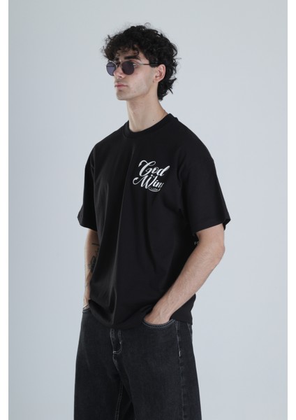 God Wins Siyah Oversize Tasarım T-Shirt modelleri