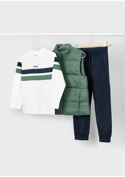 4-10 Yaş Erkek Çocuk Takımı | Beyaz Bisiklet Yaka T-Shirt, Yeşil Şişme Yelek, Lacivert Eşofman Altı