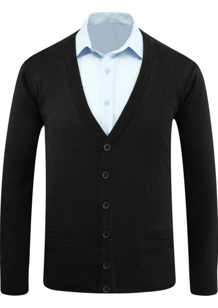 Erkek Büyük Beden Düğmeli Hırka Cepli Düz Renk Çelik Örgü Klasik Kalıp - 5200MB