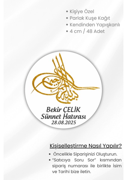 Isme/kişiye Özel Sünnet,düğün,bebek,doğum Günü Etiketi (Sticker) - 4 cm 48 Adet