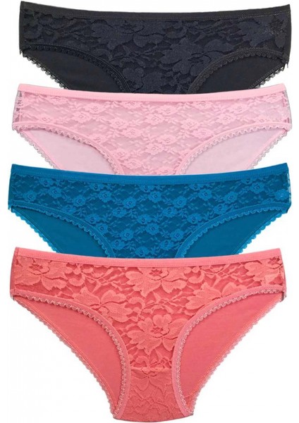 4 Adet Önü Dantelli Transparan Kadın Slip Külot S218