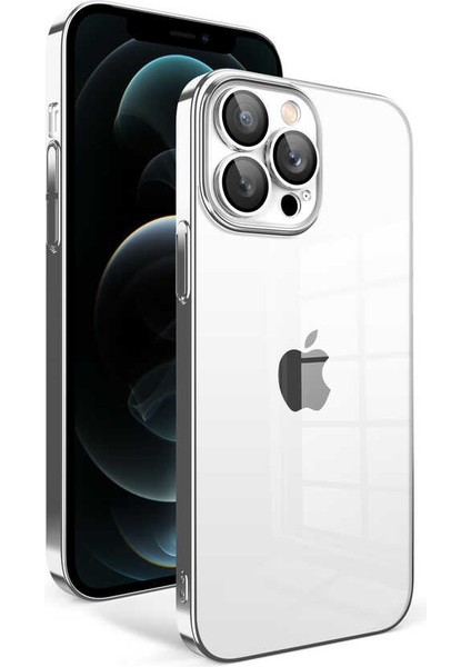 iPhone 12 Pro Max Uyumlu Kamera Korumalı Renkli Çerçeveli Zore Garaj Kapak-Gümüş